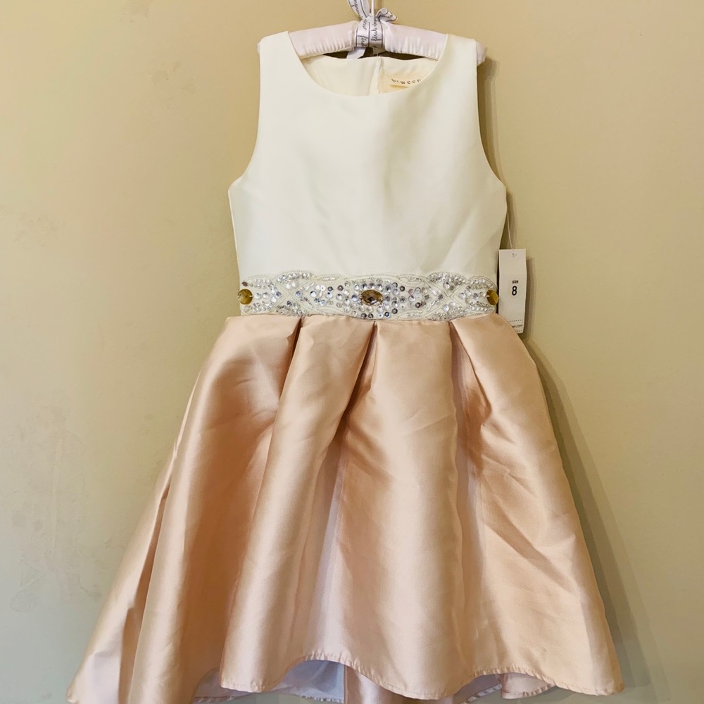 Between Kids dress cream and taupe hi-lo, size 8.